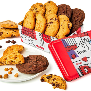 David’S Fresh Baked Assorted Cookies Sweet Sampler In Love Tin 8 Count - Chocolate Chunk, Peanut Butter Chip, Double Chocolate Chunk & Oatmeal Raisin Flavor, Delicious Gourmet Gift For All Occasions