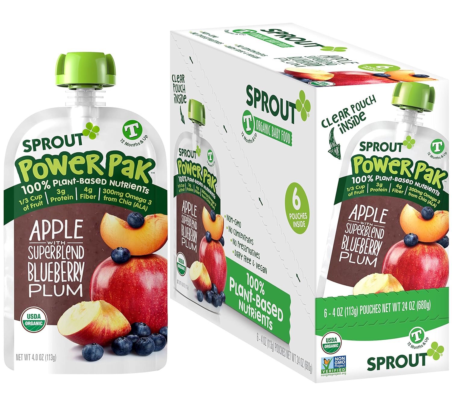 Sprout Organic Stage 4 Toddler Food Power Pak Pouches, Apple W/ Superblend Blueberry Plum, 4 Ounce (Pack Of 6)
