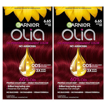 Garnier Olia Hair Color, Oil Powered Ammonia Free Permanent Hair Dye For Long-Lasting Hair Color, 6.65 Intense Red, 2 Hair Dye Kits