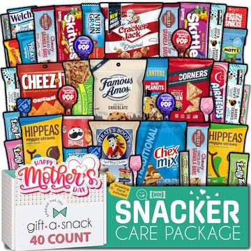 Gift A Snack - Mothers Day Snack Box Variety Pack Care Package + Greeting Card (40 Count) Sweet Treats Gift Basket, Candies Chips Crackers Bars, Crave Food Assortment