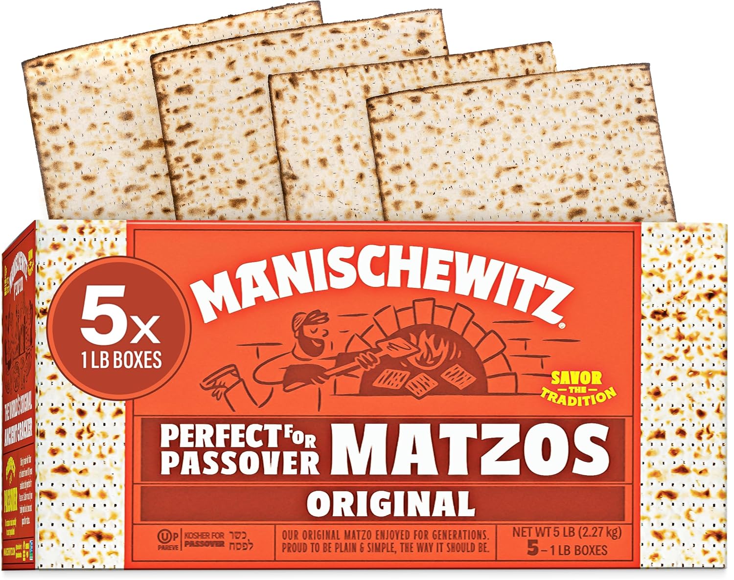 Manischewitz Passover Matzo (5x1lb Boxes) The Original Manischewitz Passover Matzo | Two Ingredients only - Flour and Water - 18 Min Matzo | Unsalted | Kosher for Passover and Year Round