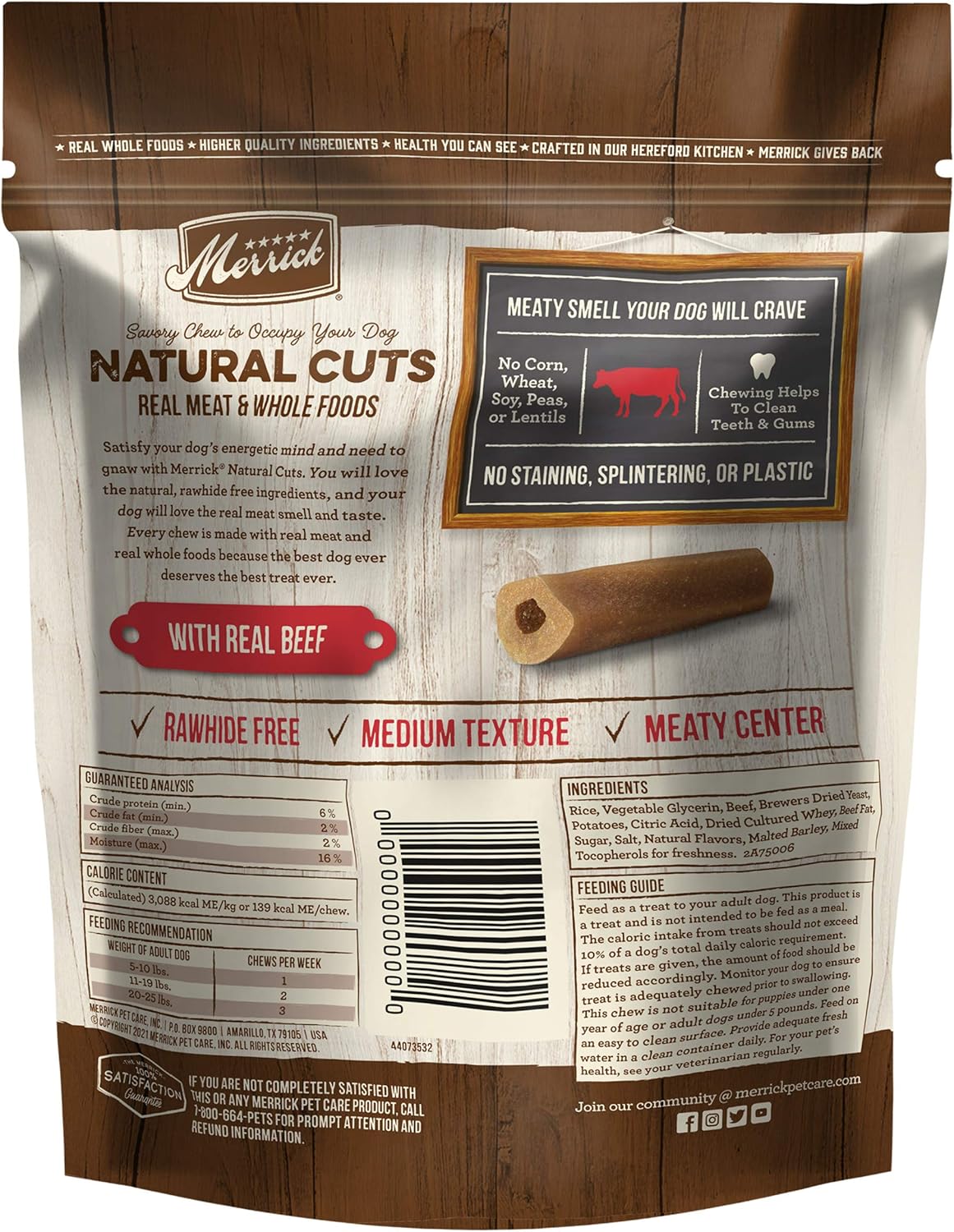 Merrick Natural Cuts Chicken Free Non Rawhide Small Dog Treats, Medium Texture Chew Sticks With Real Beef - 7 ct. Pouch : Pet Supplies