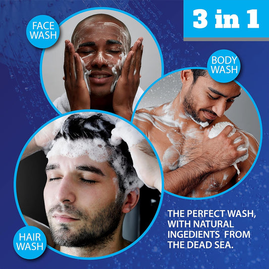 Dead Sea Collection 3 in 1 Body Wash for Men – Sandalwood Cleanser for Body, Hair and Face - Pack of 2 Bottles (33,8 Fl. Oz. Each)