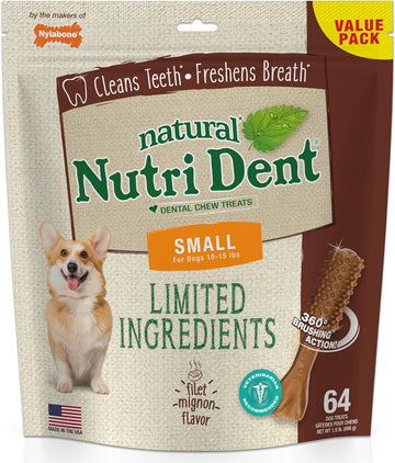 Nylabone Nutri Dent Dog Dental Chews - Natural Dog Teeth Cleaning & Breath Freshener - Dental Treats for Dogs - Filet Mignon Flavor, Small (64 Count)