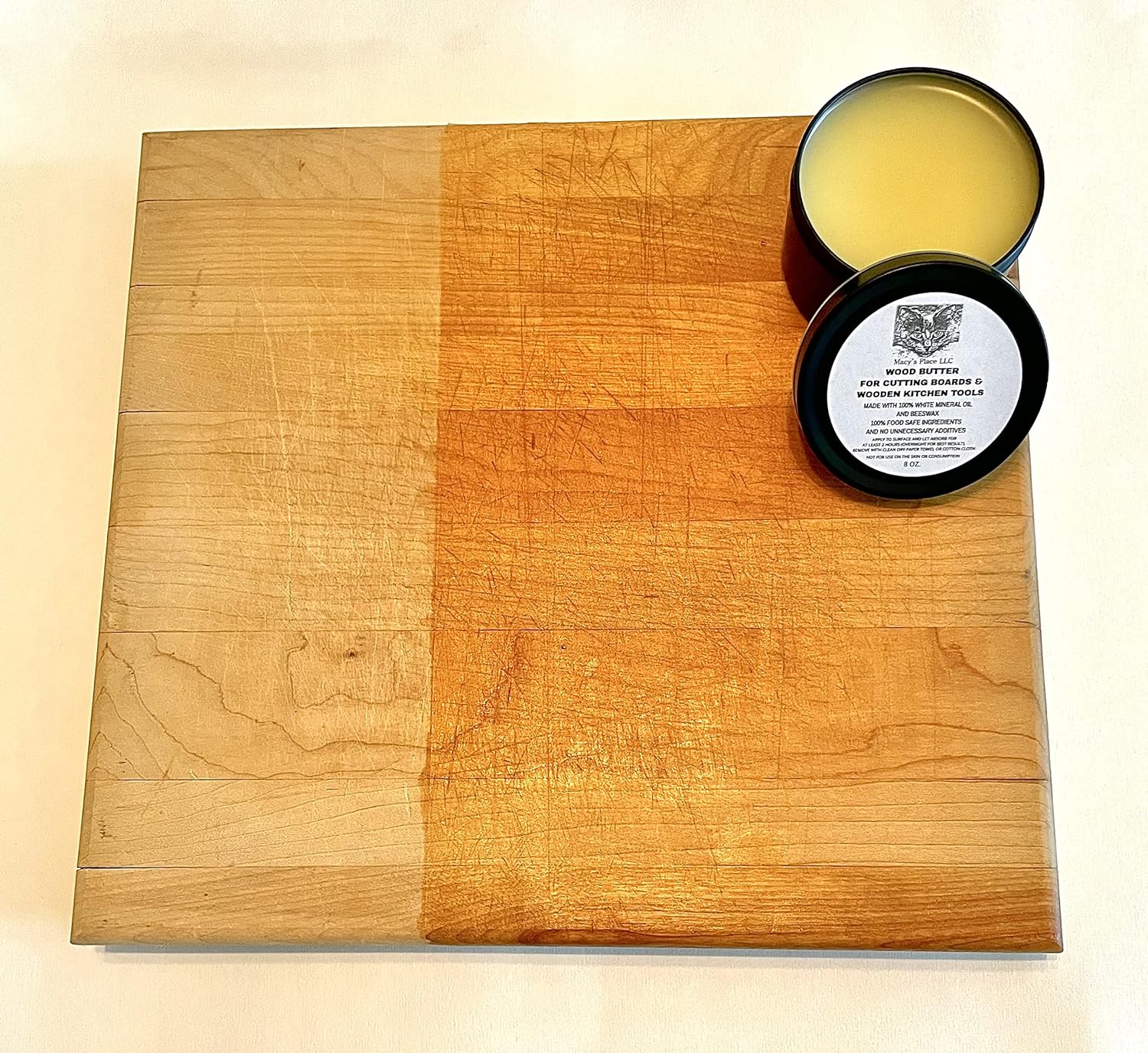 Wood Butter Cutting Board Wax - 8 oz - Conditioner for Butcher Block and Wooden Kitchen Tools. Macy;s Place Food Grade Mineral Oil and Beeswax for Wooden Tools. Support Animal Rescue : Health & Household