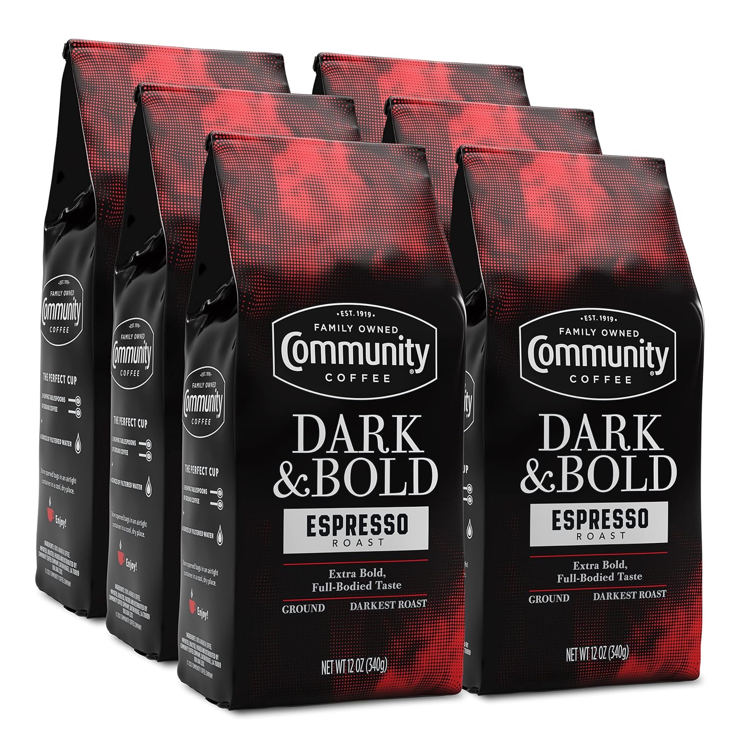 Community Coffee Dark & Bold Espresso Roast 72 Ounces, Extra Dark Roast Ground Coffee, 12 Ounce Bag (Pack Of 6)