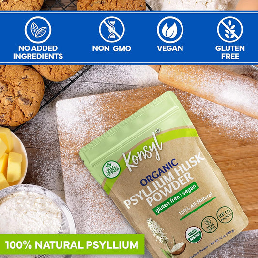 Konsyl Organic Psyllium Husk Powder - Perfect for Vegan Baking - USDA Certified Fiber Supplement Powder - All Natural, Gluten-Free, Sugar-Free, Unflavored - 1 Pack - 340g Gusset Bag