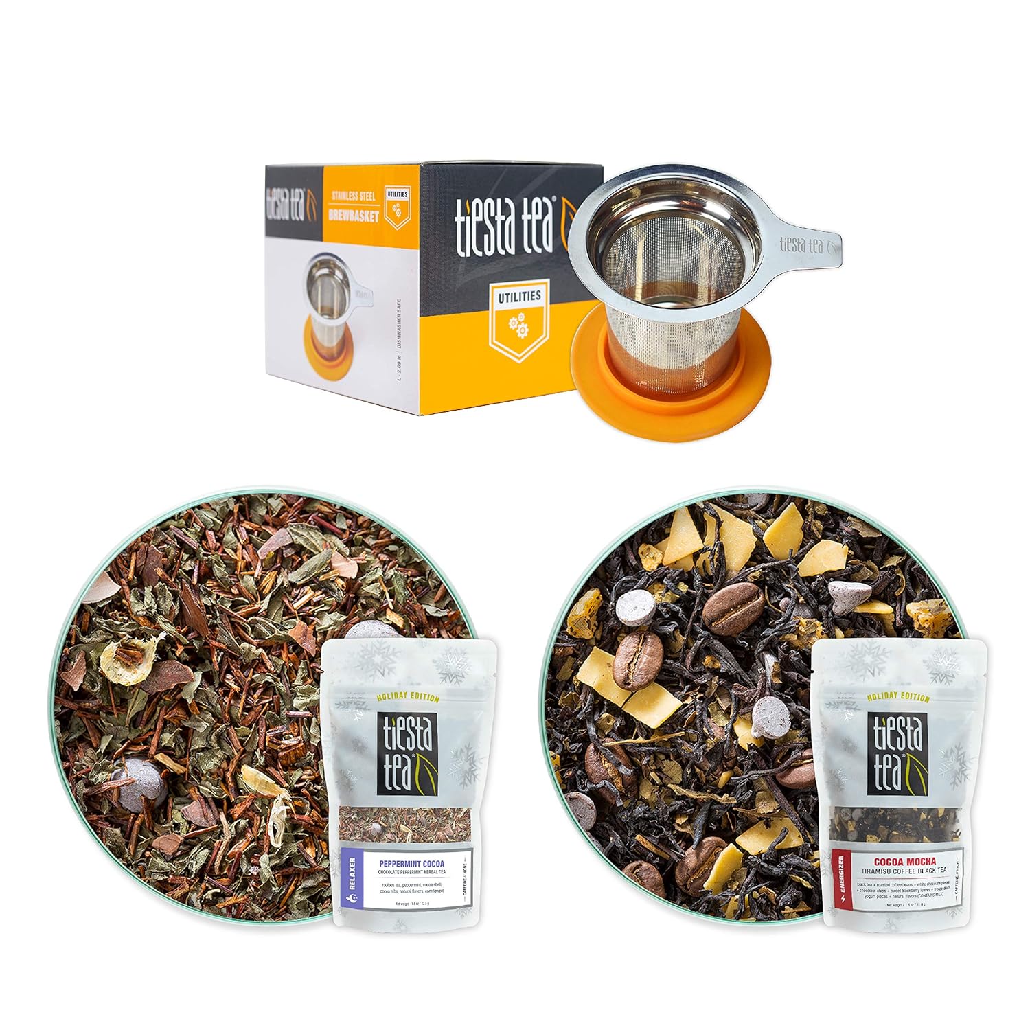 Tiesta Tea - Hot Cocoa Tea Gift Set | Cocoa Mocha & Peppermint Cocoa Loose Leaf Holiday Tea Blends With Infuser | High To Non Caffeinated Tea - Stainless Steel Brewbasket & 2 Resealable Pouches