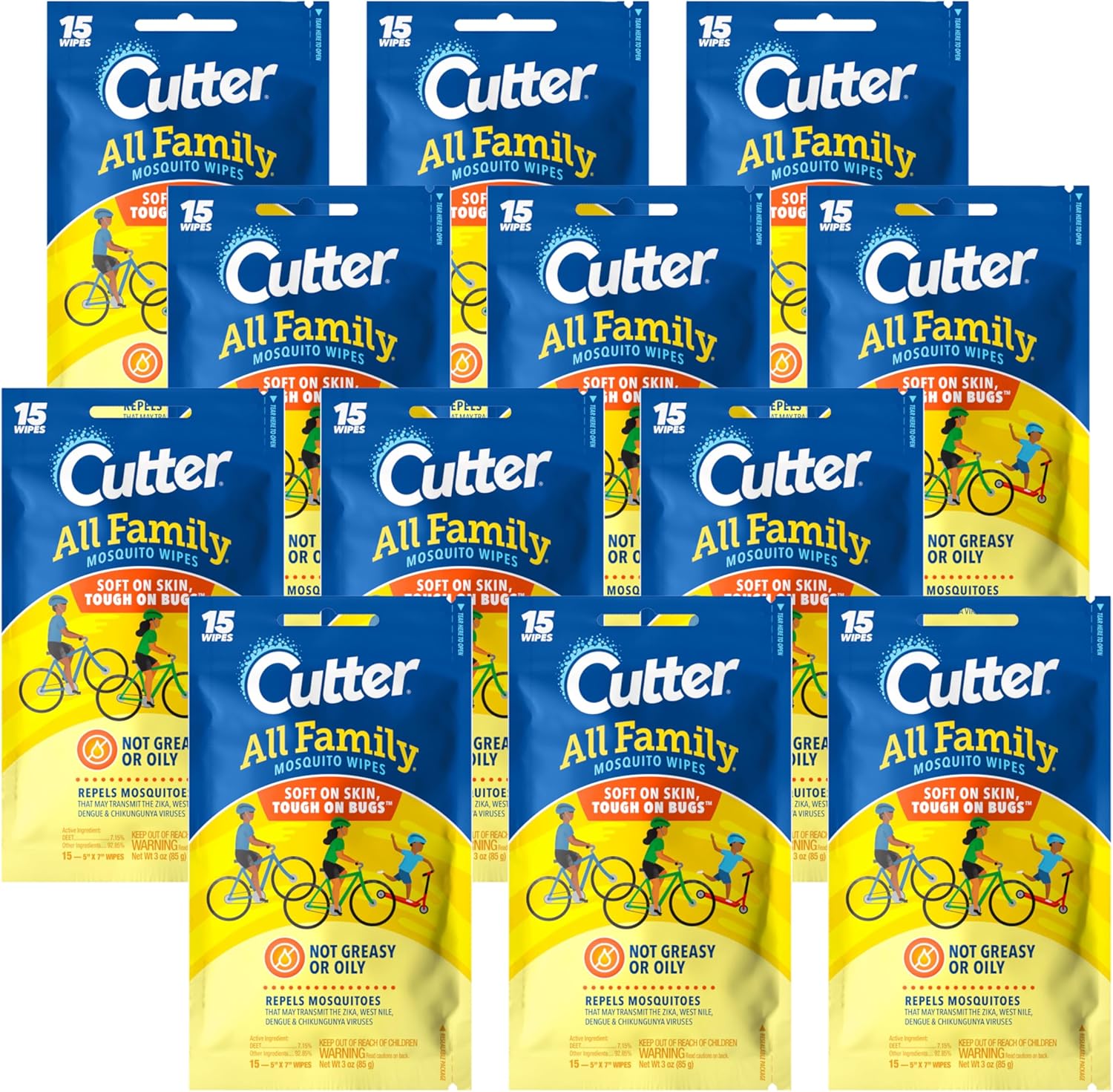 Cutter All Family Mosquito Wipes, 15-Count, 12-Pack, Plain