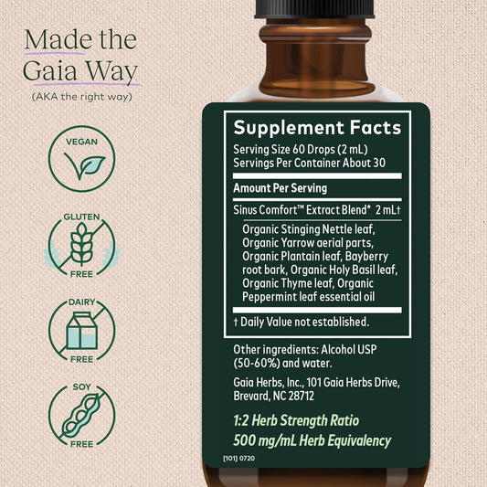 Gaia Herbs Sinus Comfort - Respiratory & Immune Support Supplement To Promote Healthy Sinuses* - With Nettle, Peppermint Leaf Oil, Holy Basil, Yarrow, Plantain & Bayberry - 2 Fl Oz (30-Day Supply)