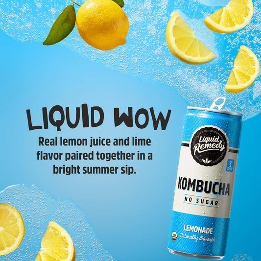 Liquid Remedy Kombucha Sugar Free Organic Drink, Low Calorie, Probiotic Like Tea For Gut Health - Lemonade - 8.5 Fl Oz Can, 24-Pack