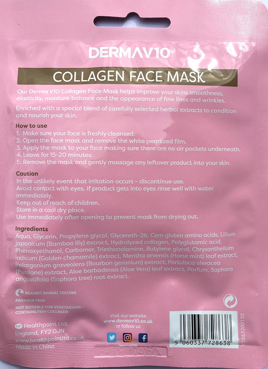 Derma V10 Woven Face Mask With Aloe Vera 4 Pack Vegan Suitable For All Skin Types (Anti-Ageing Collagen)
