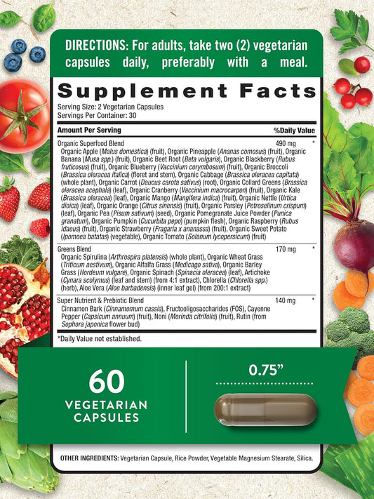 Super Fruits And Veggies | 60 Vegetarian Capsules | Vitalizing Antioxidant Superfood Formula | Non-Gmo & Gluten Free Supplement | By Nature'S Truth