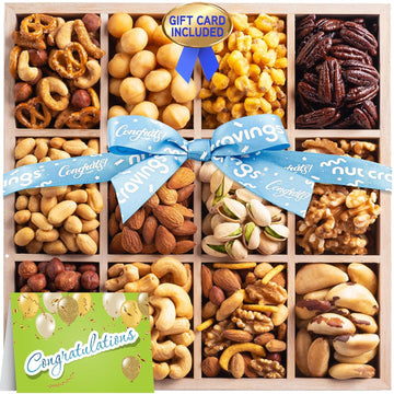 Nut Cravings Gourmet Collection Congratulations Nuts Gift Basket With Congrats Ribbon + Greeting Card In Reusable Wooden Tray (12 Assortments) Food Platter Care Package Kosher