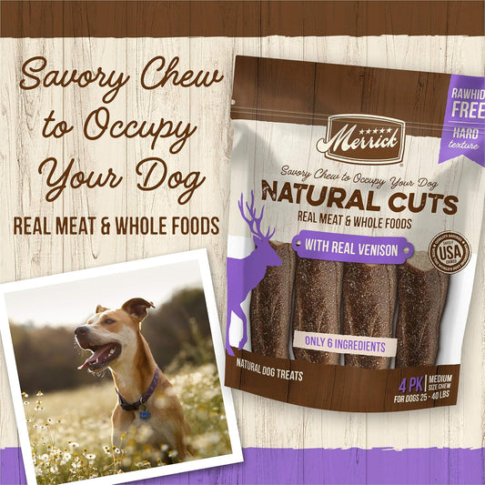 Merrick Natural Cuts Chicken Free Non Rawhide Medium Dog Treats, Hard Texture Chew Sticks With Venison - 4 Ct. Pouch