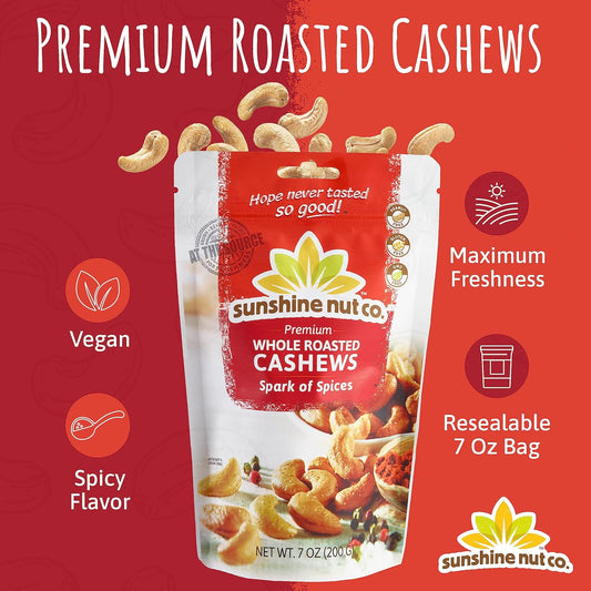 Sunshine Nut Company Whole Roasted Lightly Salted Cashews, Spark Of Spices Flavor, 2 Pack, 7 Oz. Each, Gluten Free, Peanut Free And Vegan Individual Snack Packs For Kids And Adults, Gmo Free