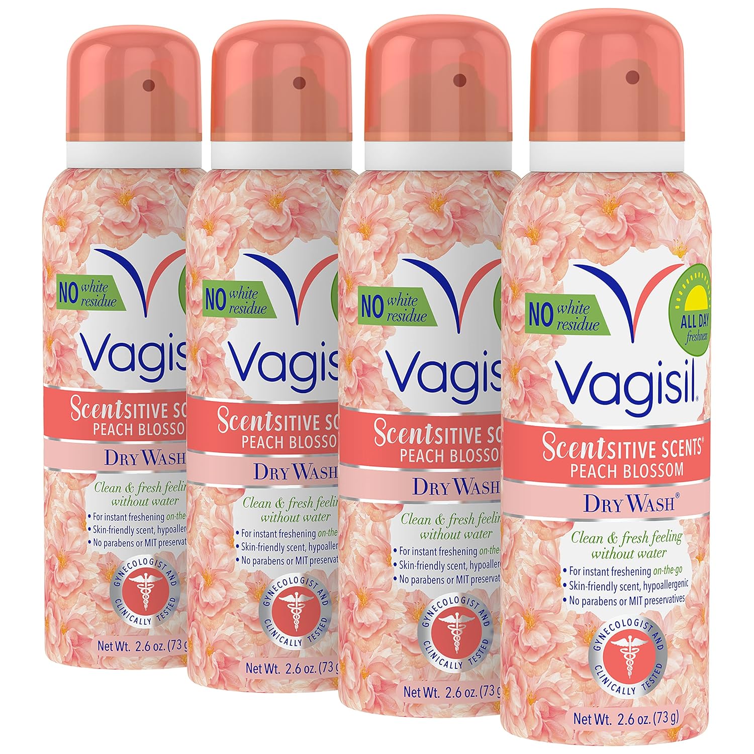 Vagisil Scentsitive Scents Feminine Dry Wash Deodorant Spray for Women, Gynecologist Tested, Paraben Free, Peach Blossom, 2.6 Ounce (Pack of 4)