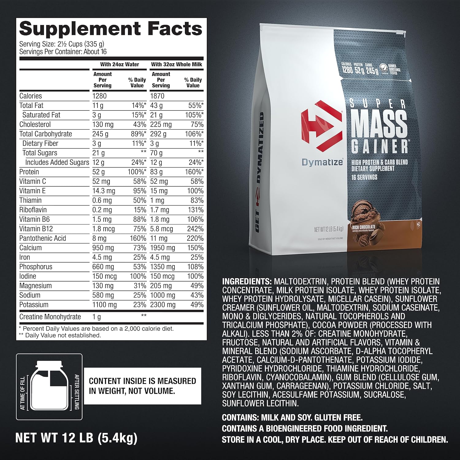 Dymatize Super Mass Gainer Protein Powder, 1280 Calories & 52g Protein,10.7g BCAAs, Mixes Easily, Tastes Delicious, Rich Chocolate, 12 lbs : Health & Household