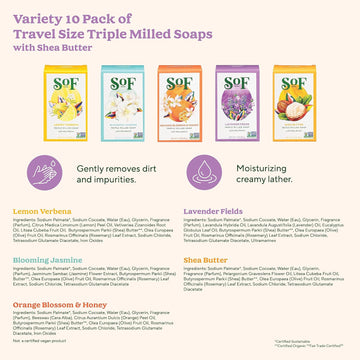 Sof Triple Milled Bar Soap - With Coconut Oil & Organic Shea Butter- Vegan & Non Gmo- Free From Phthalates, Sulfates & Parabens- Travel Size Variety Pack - 1.7 Oz Bar 10 Travel Bars