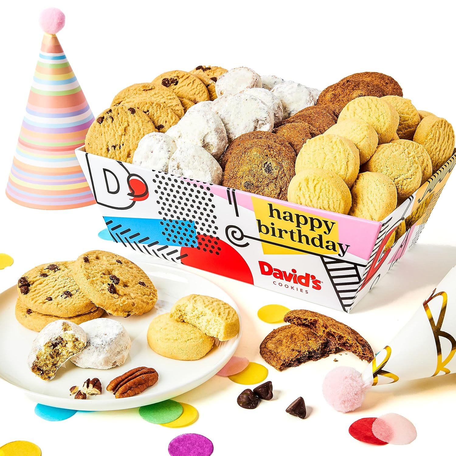 David’S Cookies Happy Birthday Cookie Gift Basket - Deliciously Flavored Assorted Cookies In A Lovely Gift Crate - Gourmet Thin Crispy Cookies, Butter Pecan Meltaways, And Choco Chip & Pure Butter Shortbread Cookies