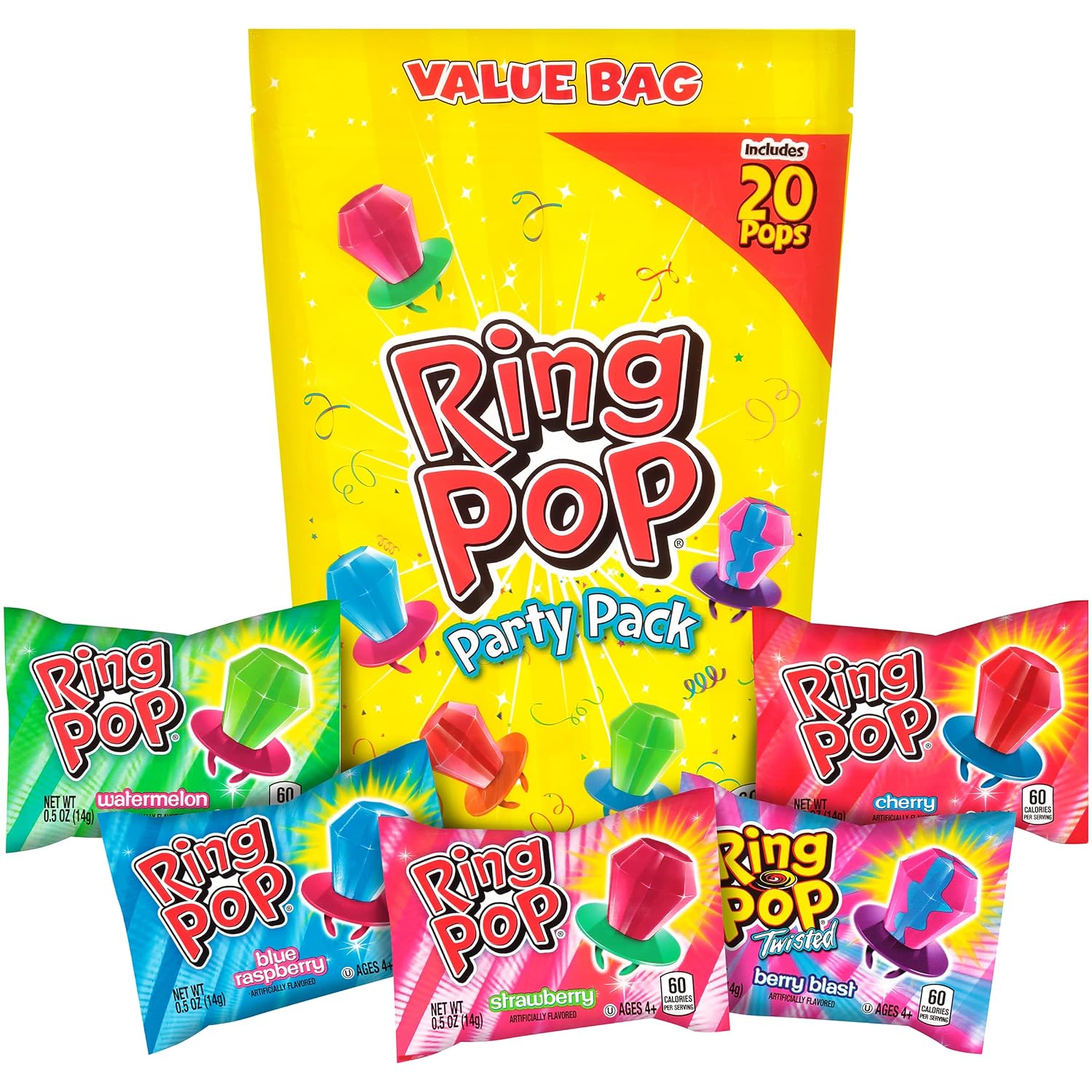 Ring Pop Candy Lollipops - Individually Wrapped Bulk Lollipop Variety Party Pack – 20 Count Suckers W/ Assorted Flavors - Fun Candy For Kids - Hard Candy For Party Favors, Birthdays & Goodie Bags