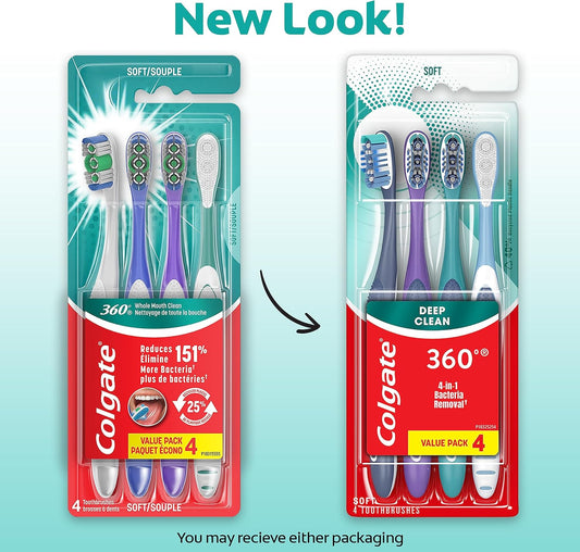 Colgate 360 Whole Mouth Toothbrush, Adult Soft Toothbrush With Tapered Bristles, Features Tongue Cleaner And Ergonomic Handle, Helps Whiten Teeth And Removes Bacteria, 4 Pack