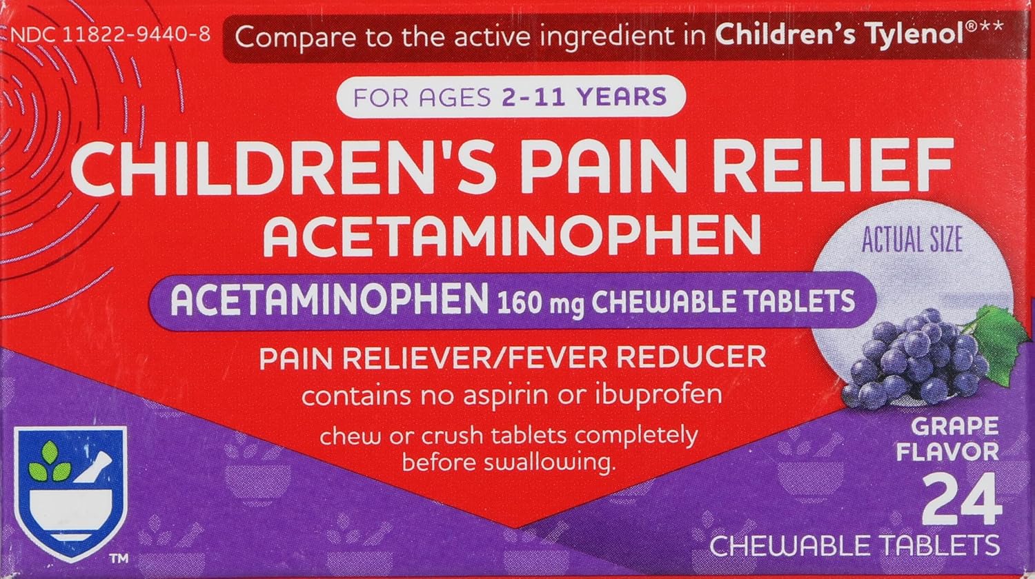 Rite Aid Children'S Pain Relief Chewable Grape Tablets, Acetaminophen, 160 Mg - 24 Count | Pain & Fever Relief For Kids Ages 2-11 Years | Alcohol-Free, Aspirin-Free, Ibuprofen-Free