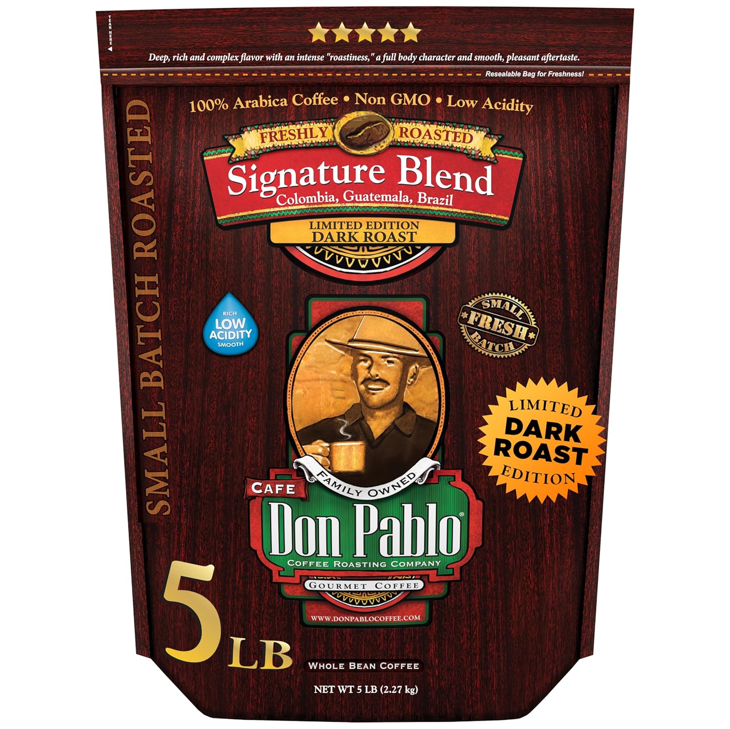 Don Pablo Signature Blend - Limited Edition Dark Roast Gourmet Coffee, 100% Arabica Whole Bean, Non-Gmo, Low Acidity, 5 Pound (5 Lb) Bag