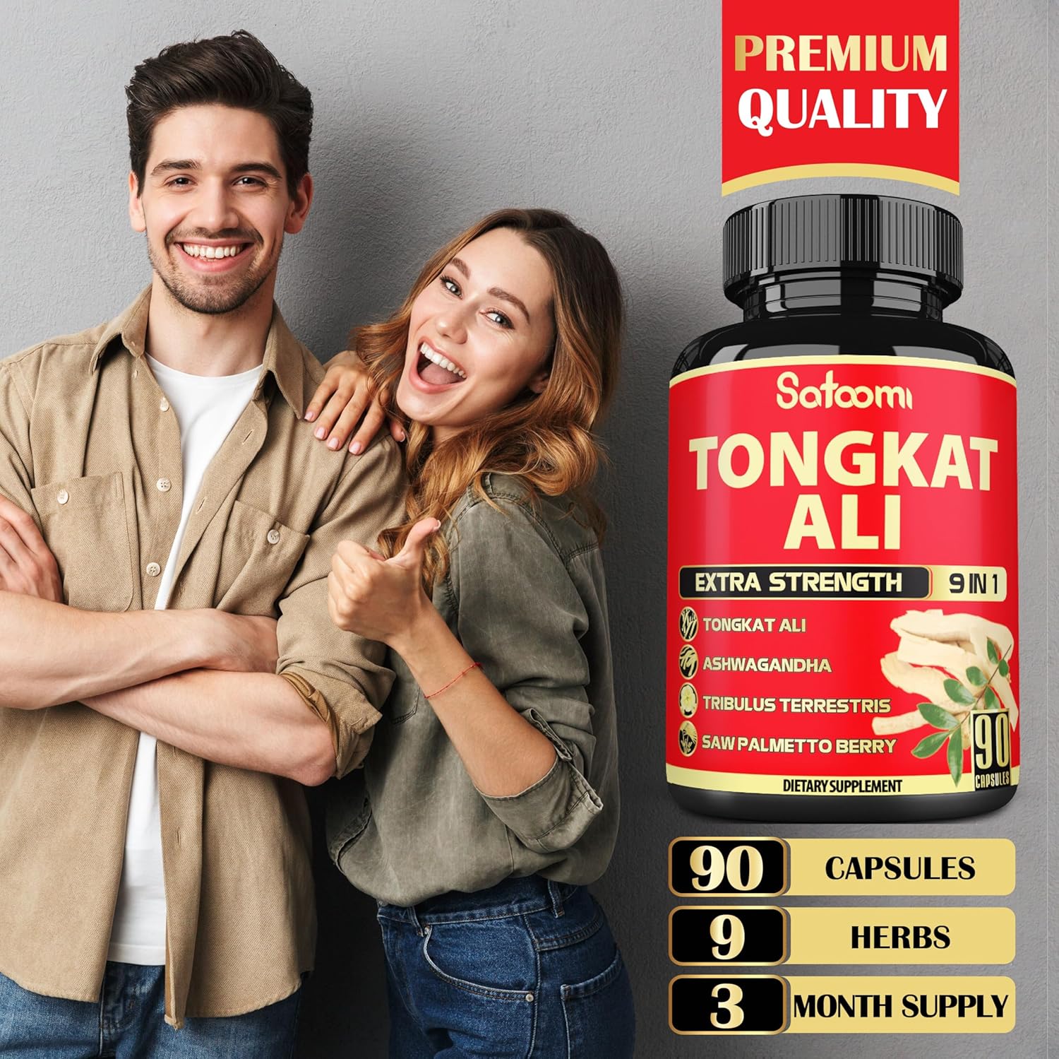 Satoomi 9In1 Tongkat Ali Root Extract - Ashwagandha, Tribulus Terrestris - 90 Capsules For 3 Months - Support Strength, Energy & Healthy Immune : Health & Household