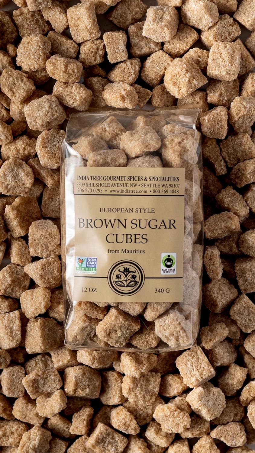 India Tree Brown Sugar Cubes, 1.1 Pound Jar, European Style Cane Sugar From Mauritius, Rough Cut Unrefined Brown Sugar