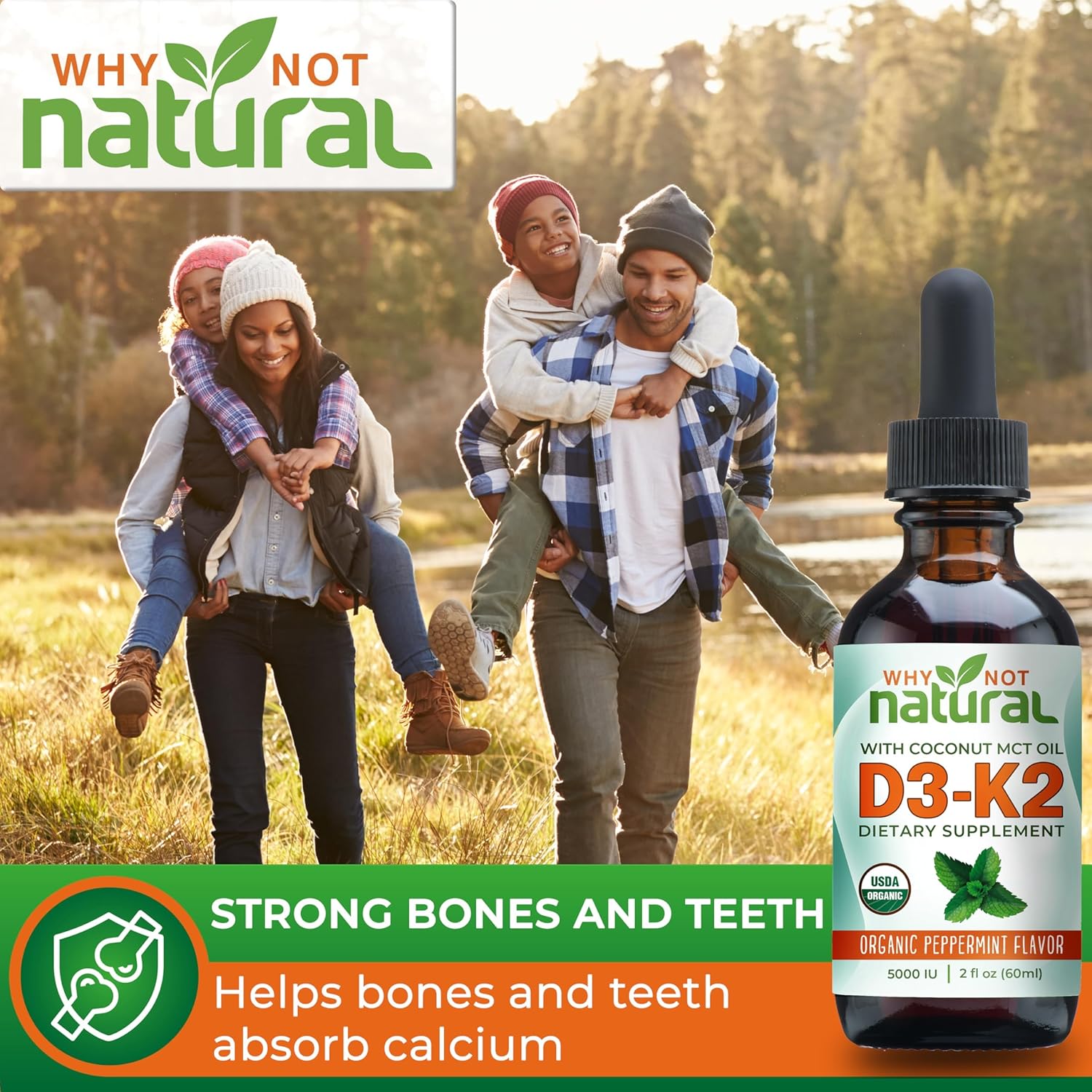 Why Not Natural Organic Vitamin D3 K2 (MK-7) Liquid Drops, 5000 IU of sublingual D3 with Coconut MCT Oil, for Strong Bones and Teeth, Heart and Immune Support : Health & Household