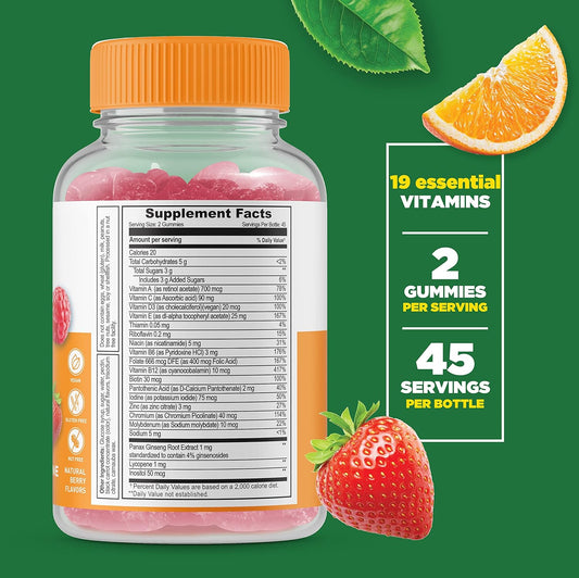 Lifeable Multivitamin for Men - Vegan, Non-GMO, Great Tasting - with Vitamin A, C, D, E, B1, B2, Niacin, B5, B6, Folate, B12, Biotin, Iodine, Zinc, Chromium, Ginseng, Lycopene, Inositol - 90 Gummies