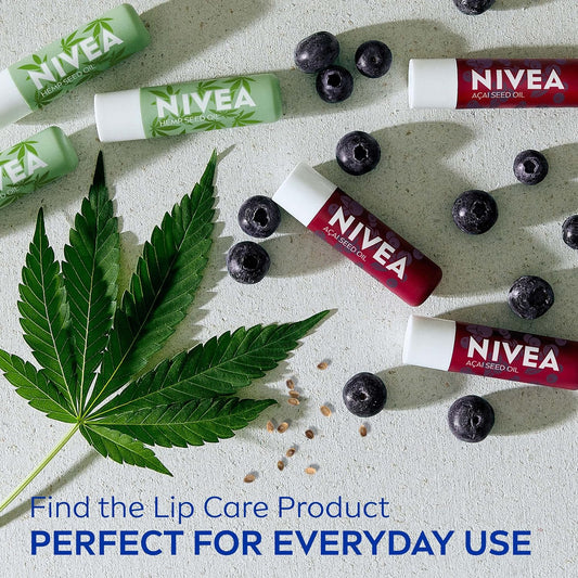 NIVEA Vegan Lip Care Variety Pack, Acai and Hemp Seed Oil Shea Butter Lip Balm Sticks, Pack of 4