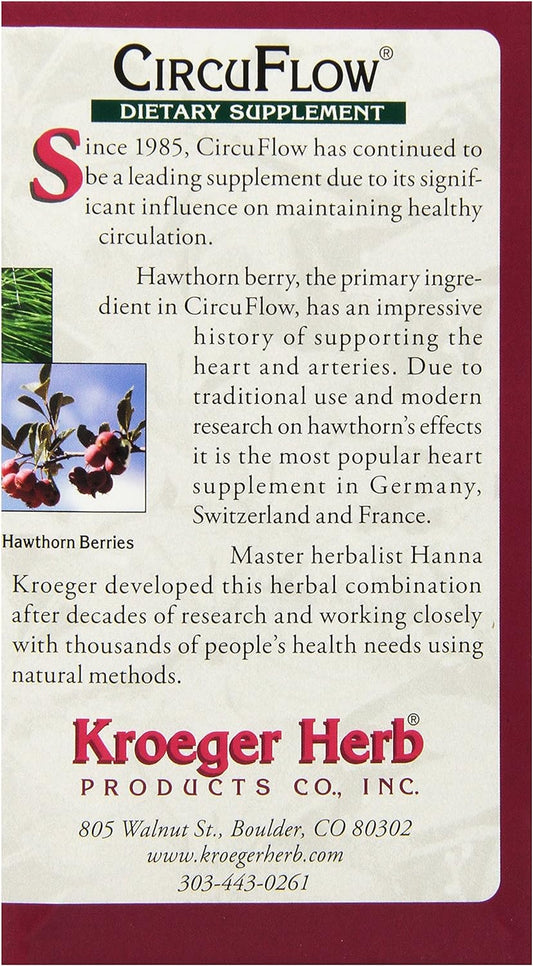 Kroeger Herb, Circuflow, Daily Heart Health and Circulation Support for Men & Women, Promotes Cardiovascular Function with Hawthorn Berry & More - Non-GMO, Gluten Free, No Preservatives - 270 Capsules