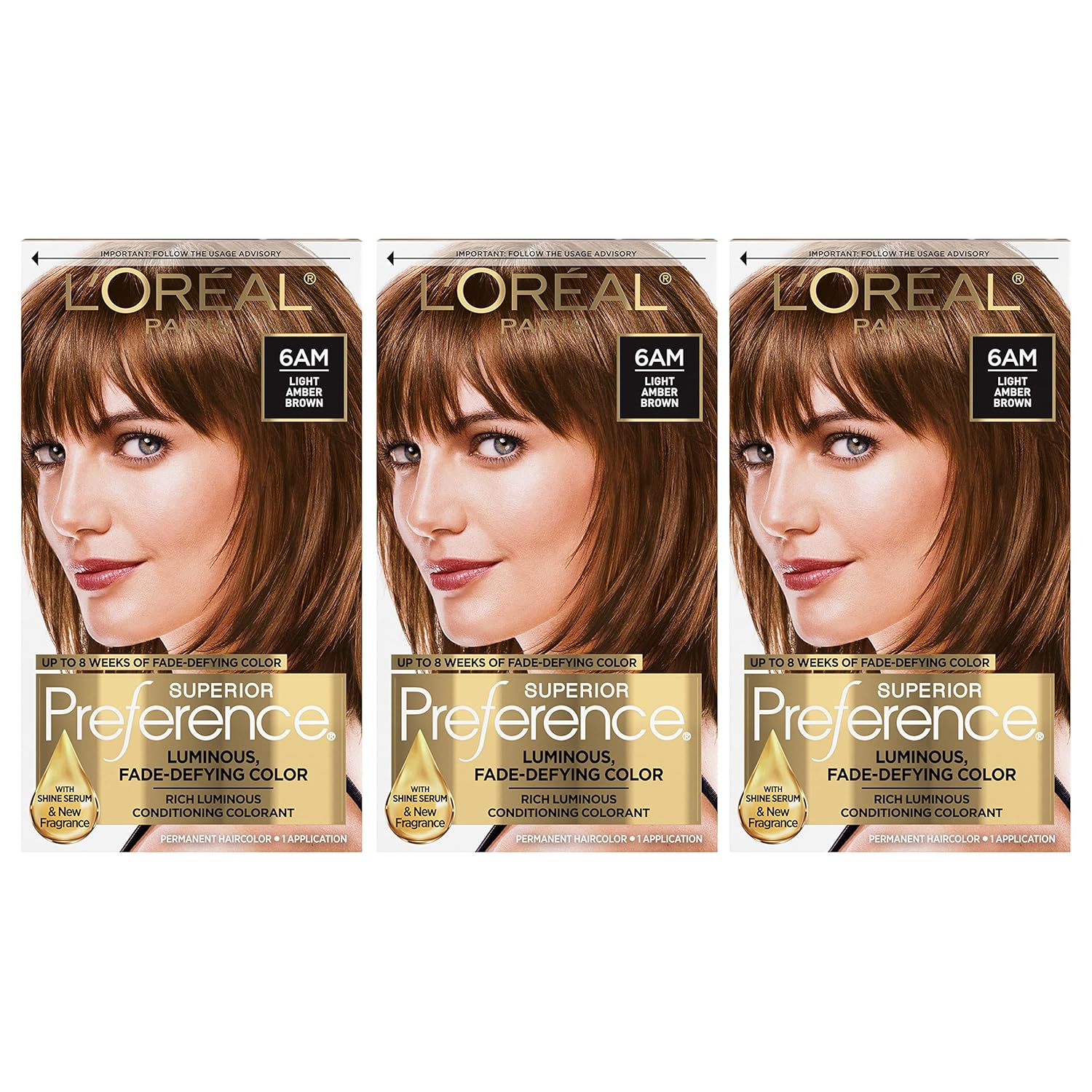 L'Oreal Paris Superior Preference Luminous Fade-Defying Permanent Hair Color, Hair Dye For Up To 9 Weeks Of Radiance, Light Amber Brown 6Am, 1 Hair Dye Kit (Pack Of 3)