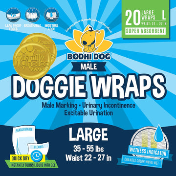 Bodhi Dog Disposable Male Dog Diapers | Super Absorbent Leak-Proof Fit | Premium Adjustable Male Dog Pee Wraps With Moisture Control & Wetness Indicator | 20 Count Large Size