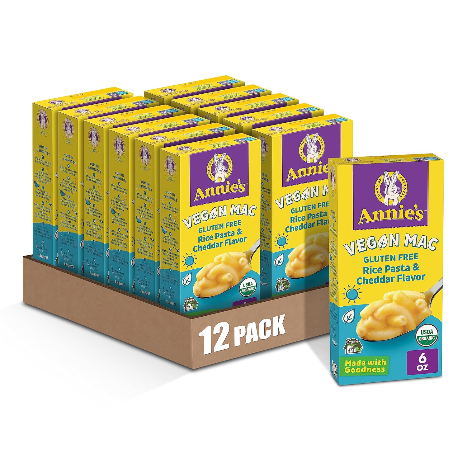 Annie’S Vegan Mac Rice Pasta And Cheddar Flavor Dinner With Organic Gluten Free Pasta, 6 Oz (Pack Of 12)