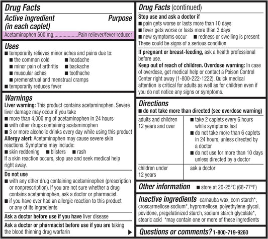 Rite Aid Extra Strength Acetaminophen, 500mg - 500 Caplets | Pain Reliever & Fever Reducer | Migraine Relief Products | Joint & Muscle Pain Relief Pills | Menstrual Pain Relief | Back Pain Relief : Health & Household