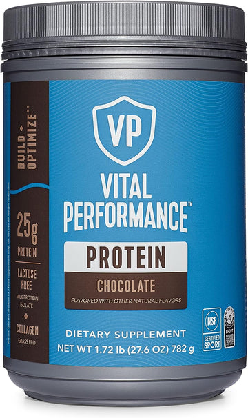 Vital Performance Protein Powder, 25g Lactose-Free Milk Protein Isolate Powder, NSF for Sport Certified, 10g Grass-Fed Collagen Peptides, 8g EAAs, 5g BCAAs, Gluten-Free - Chocolate, 1.72lb