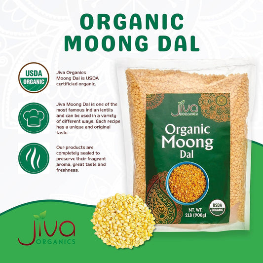 Jiva Organic Yellow Moong Dal 2 Pound - Non-GMO - Great for Kitchari - Split Mung Beans Washed