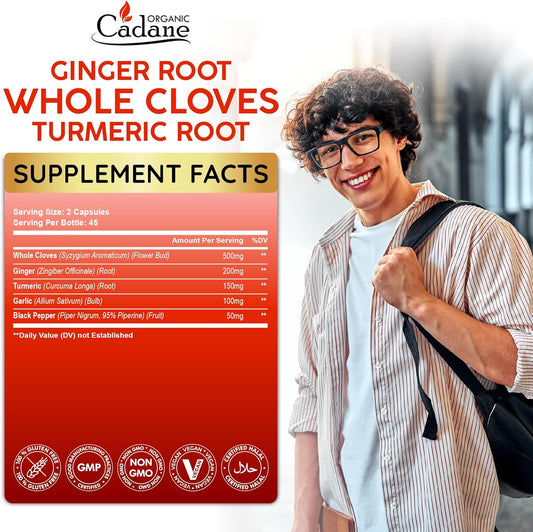 Organic Cadane 5-In-1 Whole Cloves Herbal Blend | Digestive & Immune Support | Clove, Ginger, Turmeric, Garlic, And Black Pepper | Non-Gmo, Vegan – 90 Capsules – 45-Day Supply