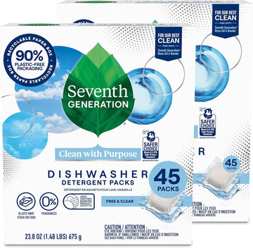 Seventh Generation Dishwasher Detergent Packs for Sparkling Dishes Free & Clear Dishwasher Tabs 45 Count, Pack of 2 (Packaging May Vary)