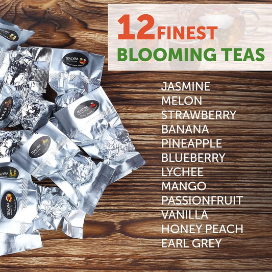 Tealyra - 12 Pcs Blooming Flowering Tea - 12 Variety Flavors Of Finest Blooming Teas – All Tea Balls Individually Sealed - Great Gift Bloom Teas Box