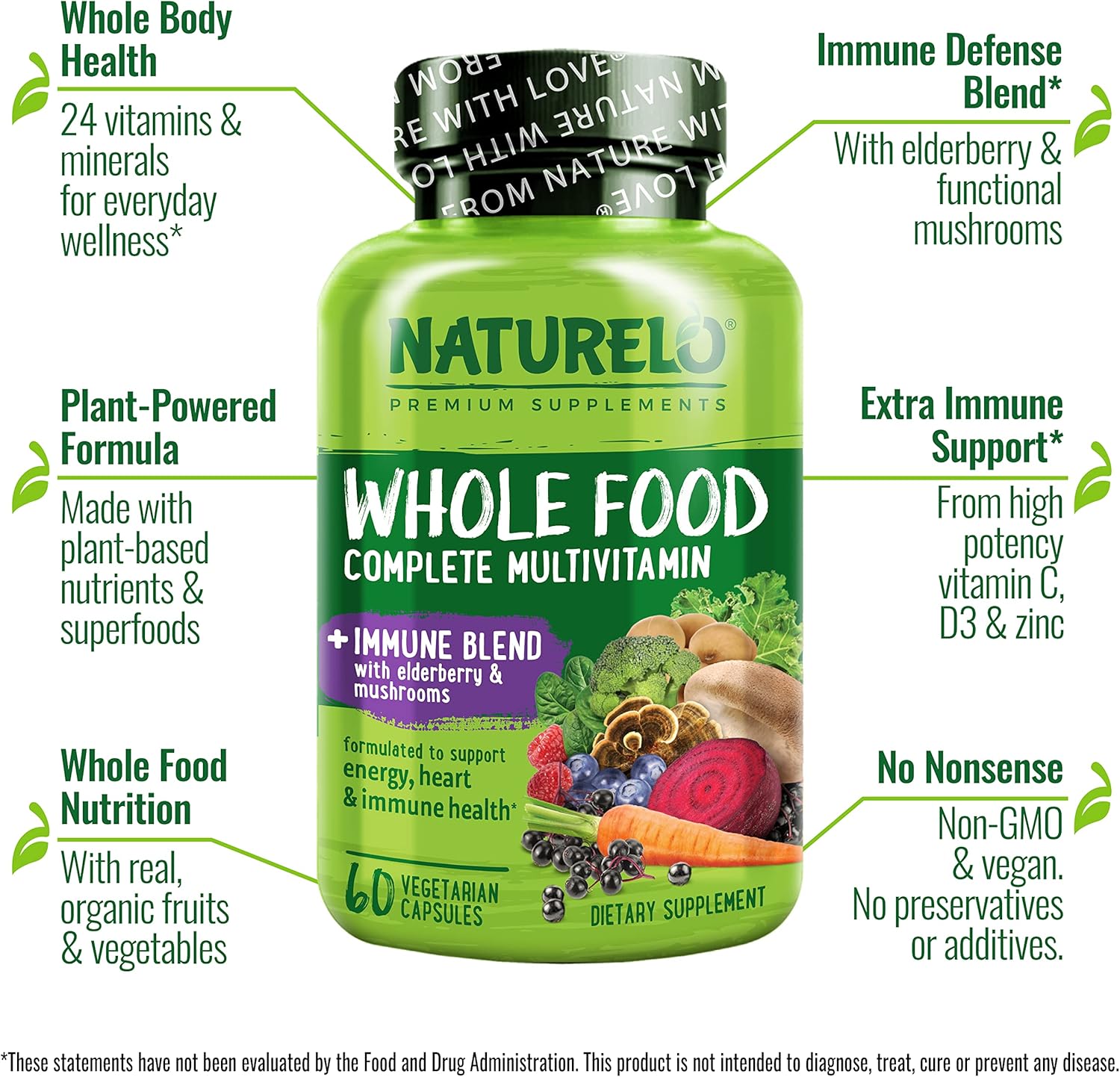 Naturelo Whole Food Multivitamin + Immune Blend With Elderberry & Mushrooms - Complete Multivitamin With Extra Immune Support - C, D3, Zinc, Elderberry, Reishi, Shitake - 60 Vegan Capsules