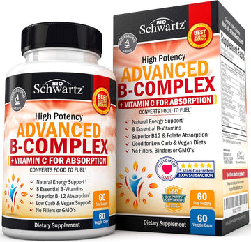 Vitamin B Complex With Vitamin C For Maximum Absorption - Methylcobalamin B12 & Folate Folic Acid Supplement - Vitamins B1 B2 B3 B5 B6 B7 B9 For Immune Energy & Nervous System Support - Non-Gmo -60Ct