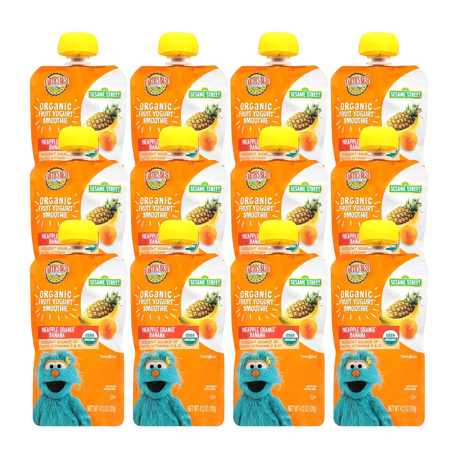 Earth's Best Organic Kids Snacks, Sesame Street Toddler Snacks, Organic Fruit Yogurt Smoothie for Toddlers 2 Years and Older, Pineapple Orange Banana, 4.2 oz Resealable Pouch (Pack of 12)