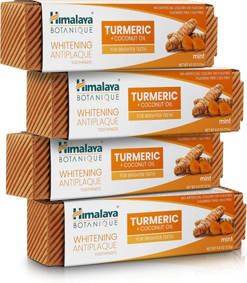 Himalaya Botanique Turmeric & Coconut Oil Whitening Antiplaque Herbal Toothpaste, Whitens Teeth, Fluoride Free, No Artificial Flavors, Sls Free, Vegan, Cruelty Free, Foaming, Mint Flavor, 4 Oz, 4 Pack