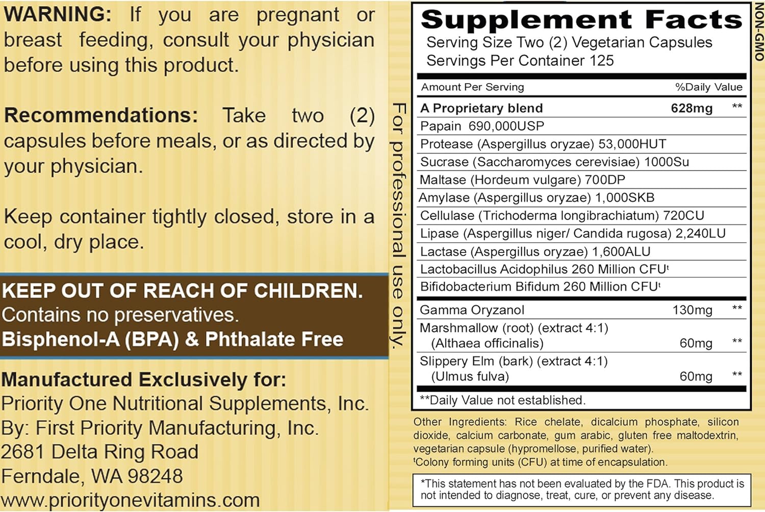 Priority One Vitamins Gastri Gest 250 Vegetarian Capsules - Powerful Combination of Plant enzymes That Help Maintain Healthy Digestion and intestinal Enzyme Activity.* : Health & Household