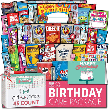 Gift A Snack - Happy Birthday Snack Box Variety Pack Care Package + Greeting Card (45 Count) Bday Sweet Treats Gift Basket, Candies Chips Crackers Bars, Crave Food Assortment - Adults Kids