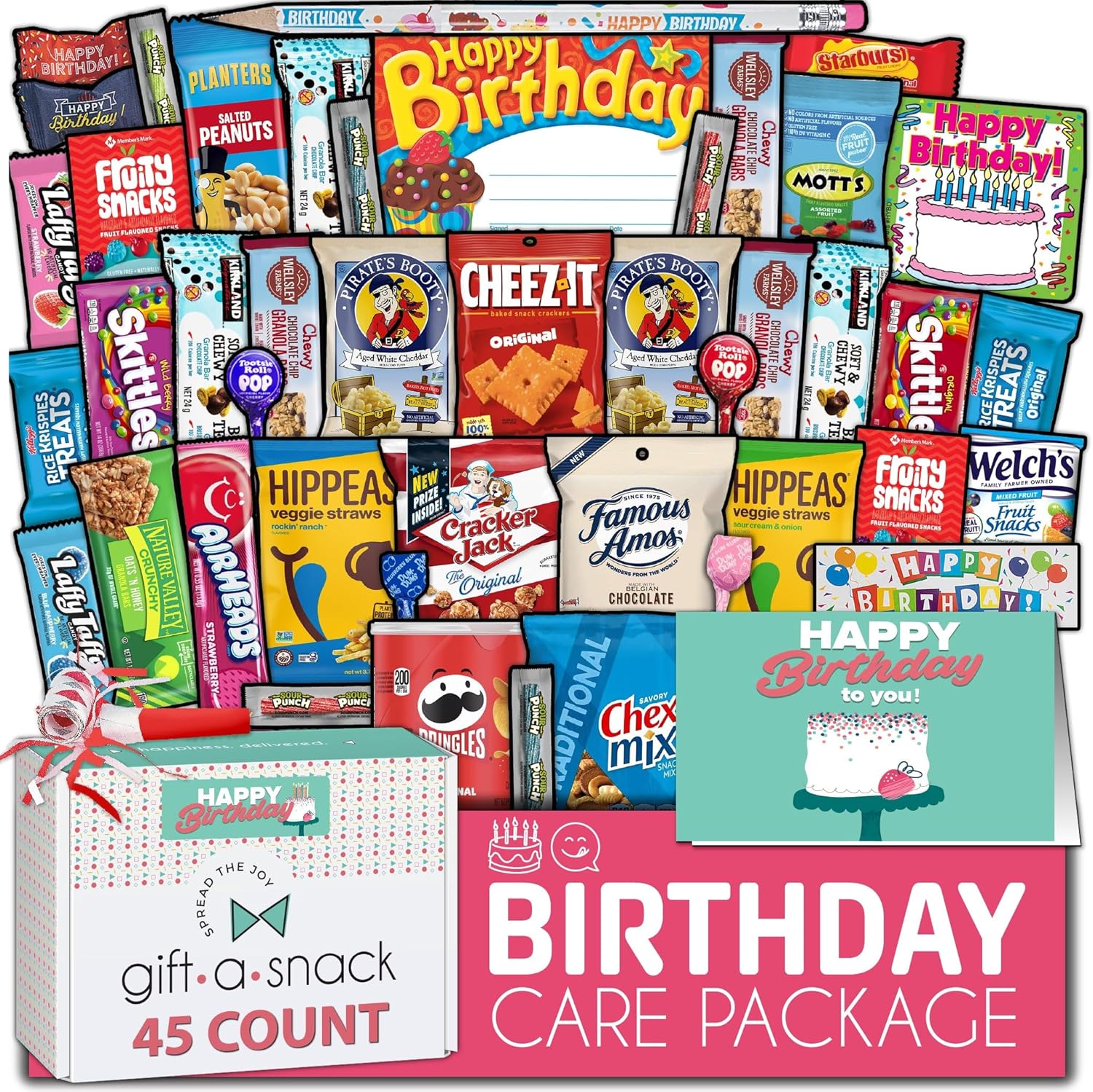 Gift A Snack - Happy Birthday Snack Box Variety Pack Care Package + Greeting Card (45 Count) Bday Sweet Treats Gift Basket, Candies Chips Crackers Bars - Cravy Food Assortments & Variety Gifts